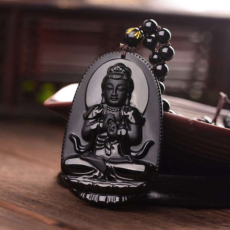 Hand Carved Black Obsidian Buddha Amulet